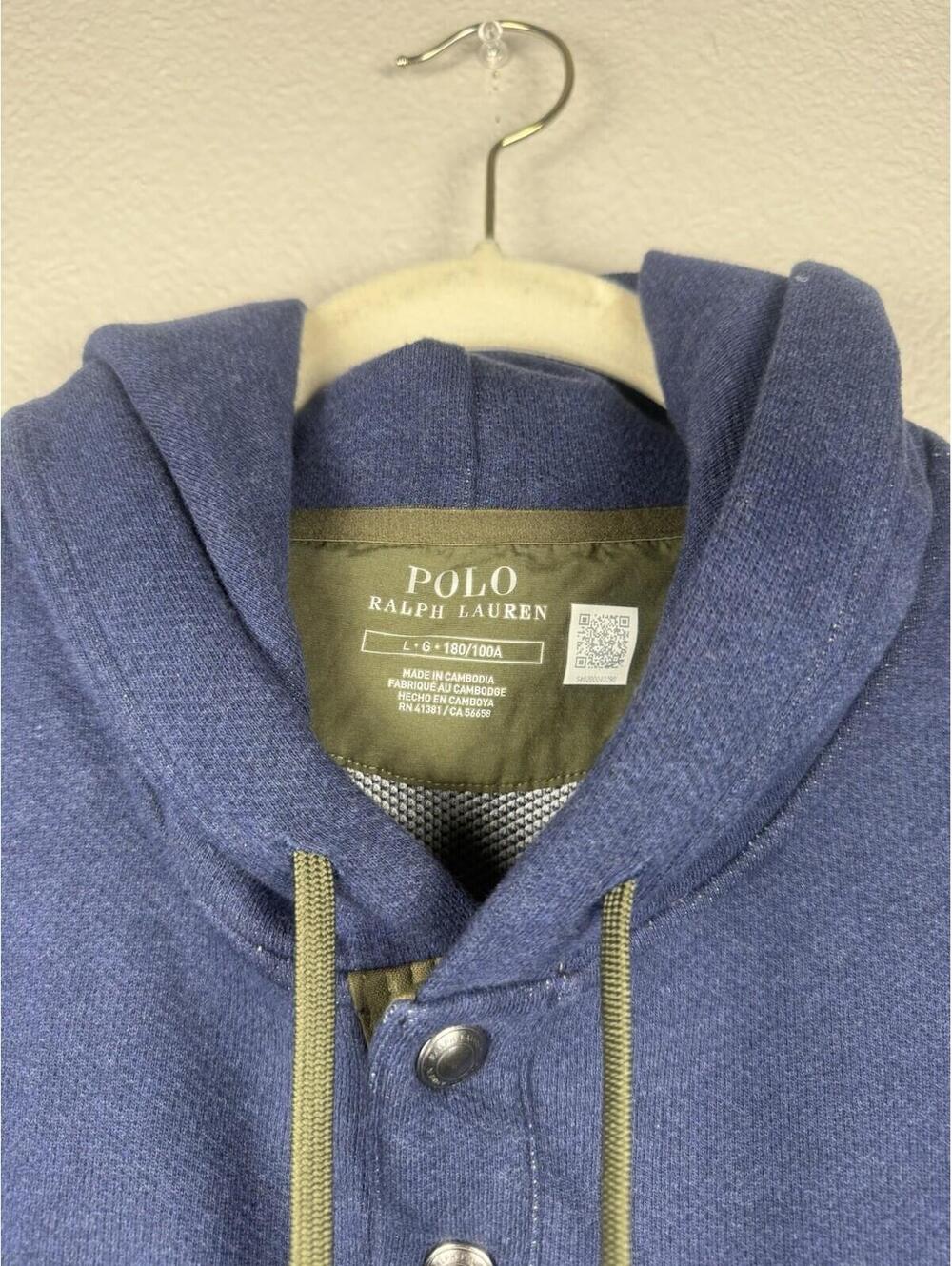 Polo Ralph Lauren Hoodie Mens L Blue Snap Neck Pullover Zip Pocket Logo - Picture 2 of 8